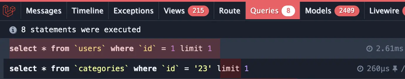 laravel debugbar showing the number of queries