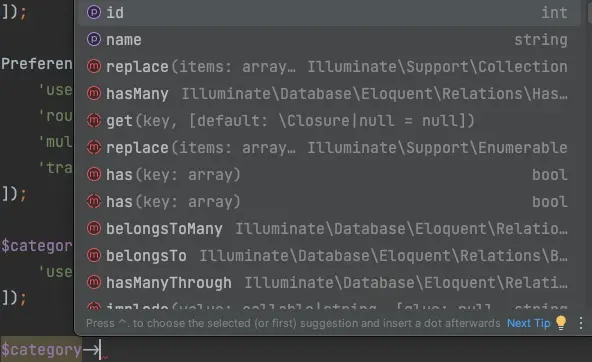 showing the autocomplete for eloquent model properties with the IDE Helper