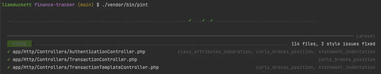 showing laravel pint fixing some style inconsistencies
